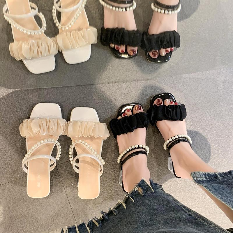 Two Wearing Sandals Female 2025 Summer New Internet Celebrity Fairy Wind Thick Heel Non-slip Outer Wear Crystal High Heel Cool Slippers