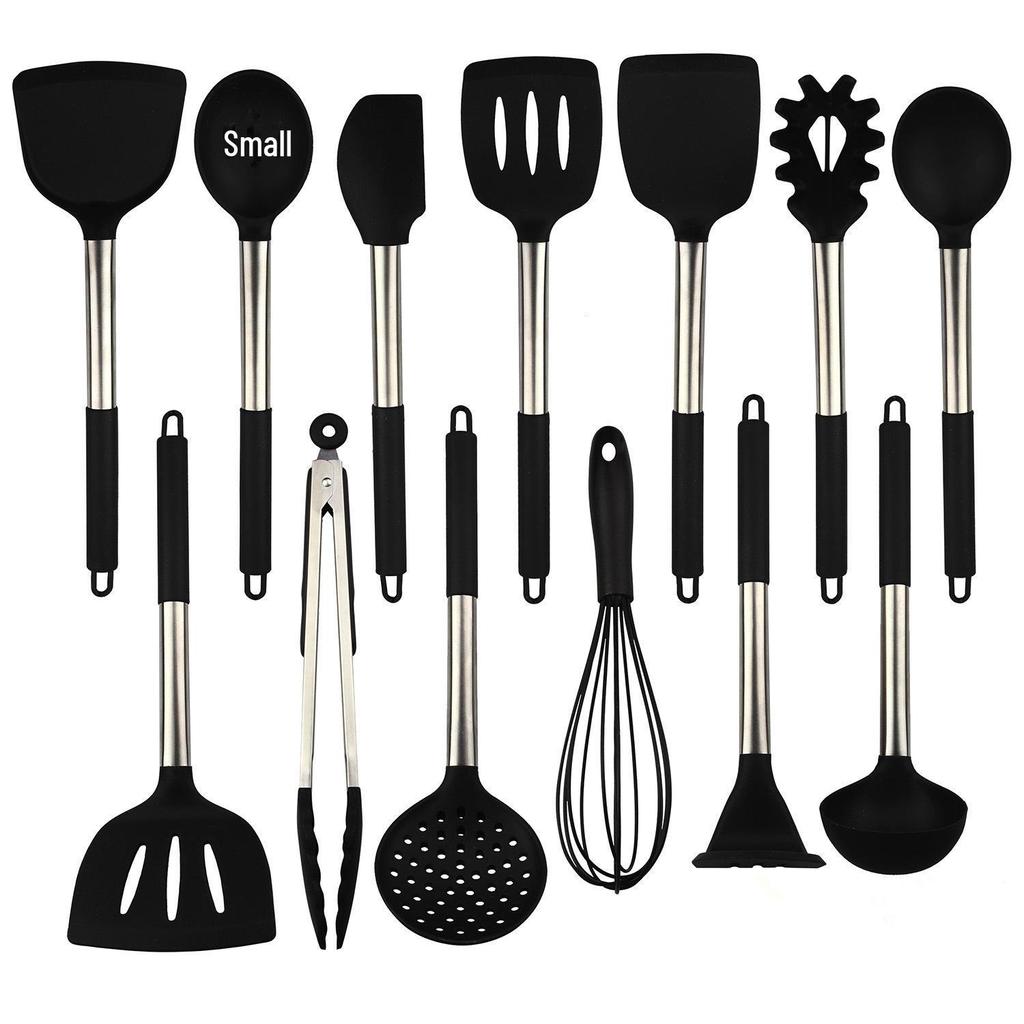 Набор кухонных принадлежностей из силикона, 14 предметов: В комплект входят ложка для супа, скребок, лопатка с прорезями, лопатка для перемешивания яиц, венчик для взбивания яиц, зажим для еды и многое другое.