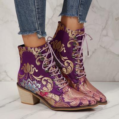 Большой размер Вышивка Этнический стиль Заостренный носок Короткие ботильоны Женская обувь Модные Высокий каблук Ремешок с пряжкой Ботильоны