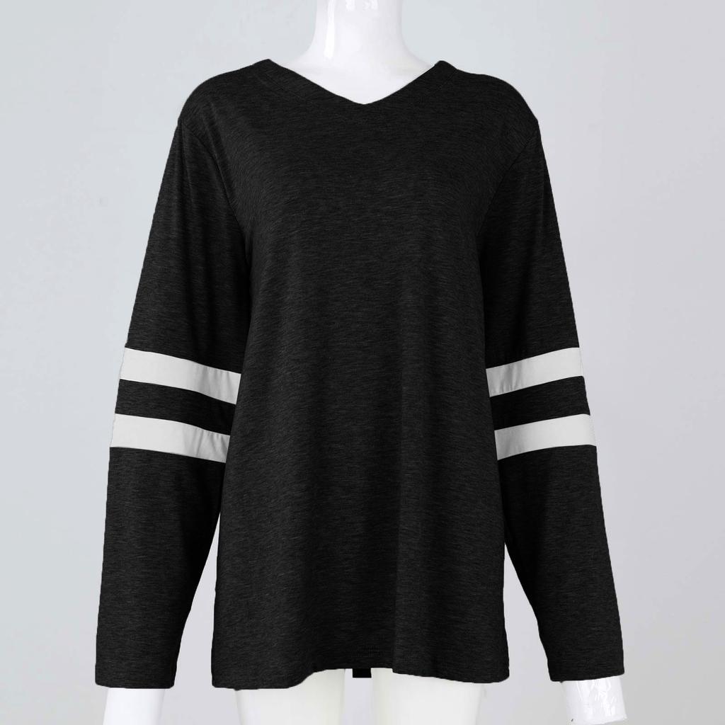 Women's Casual V Neck Pullover Long Sleeve Striped Colorblock Oversized Shirts