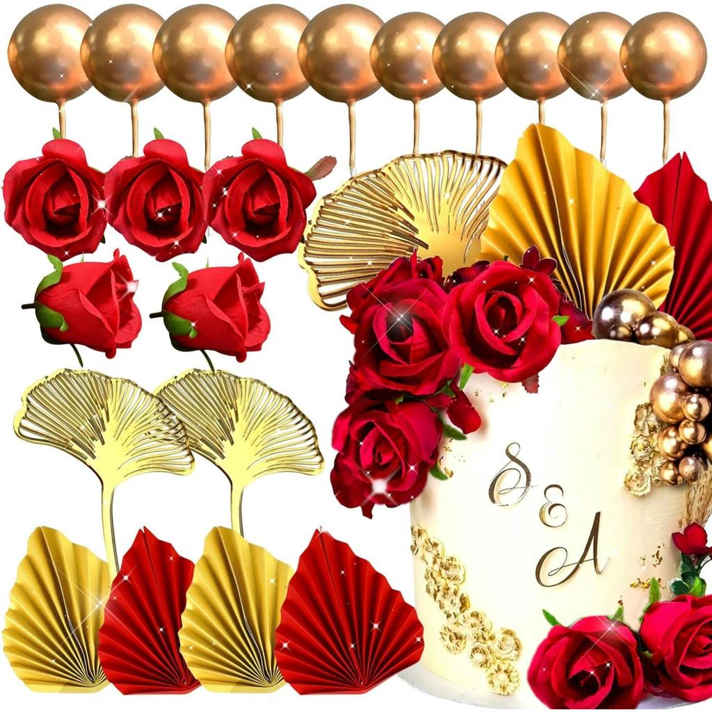 21 шт. Украшение для торта «Красная роза», Украшение для торта на день рождения королевы, Украшение для торта «Листья гинкго и пальмы» для свадьбы, вечеринки по случаю дня рождения