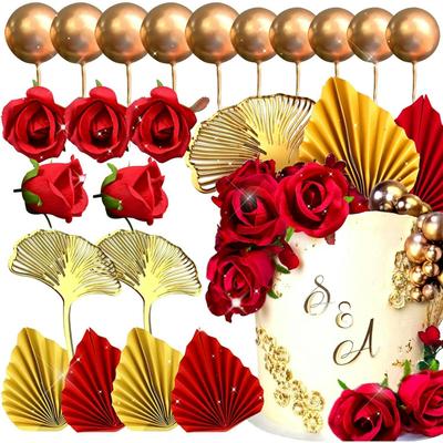 21 шт. Украшение для торта «Красная роза», Украшение для торта на день рождения королевы, Украшение для торта «Листья гинкго и пальмы» для свадьбы, вечеринки по случаю дня рождения