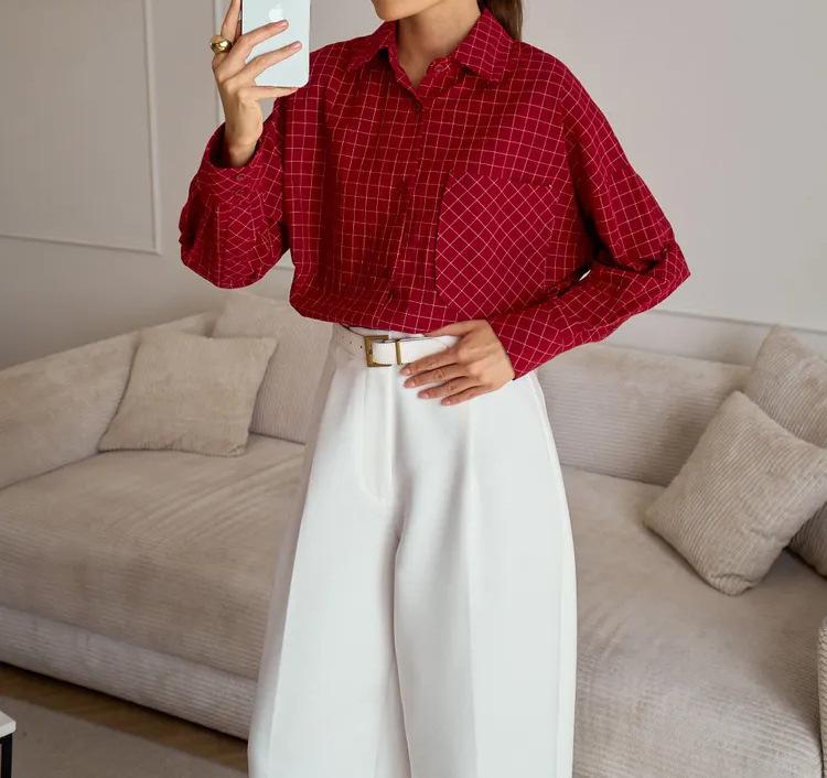 2026 Новая женская клетчатая рубашка с длинным рукавом свободного кроя большого размера - Повседневный и деловой стиль