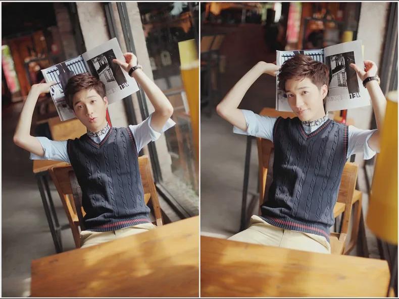 Мужской тонкий трикотажный шерстяной жилет с V-образным вырезом - модный корейский свитер без рукавов