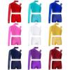 Girls Sparkly Dance Top Irregular Shoulder Crop Top V Front Waistband Shorts Rhinestone Stage Costume