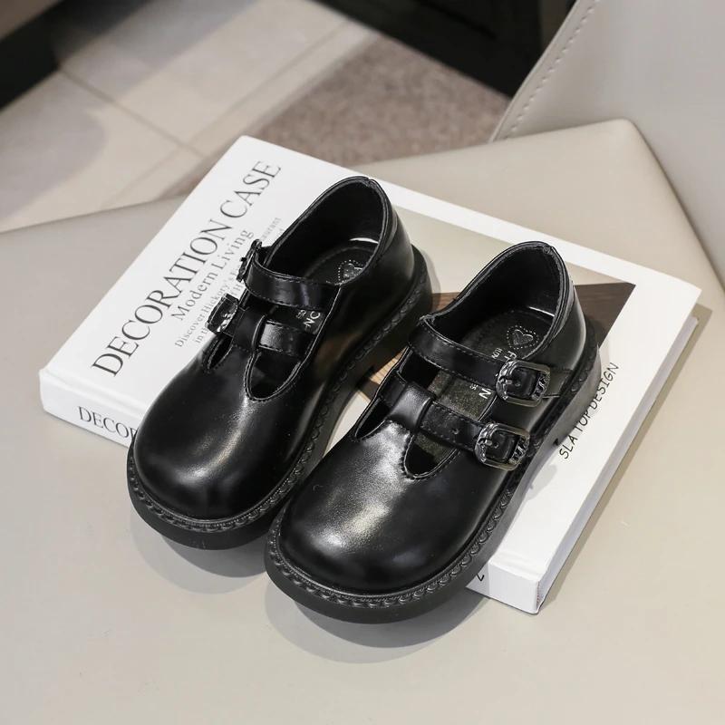 Кожаные туфли для девочек в британском стиле на весну и осень 2024 г. Новая детская повседневная обувь на липучках Универсальная детская школьная обувь