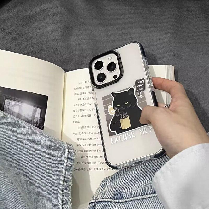 Чехол для телефона «Пьющая кофе Черная кошка» для iPhone 16 15 14 13 12 11 Pro Max XR XS 7 8 Plus Прозрачный ударопрочный силиконовый чехол