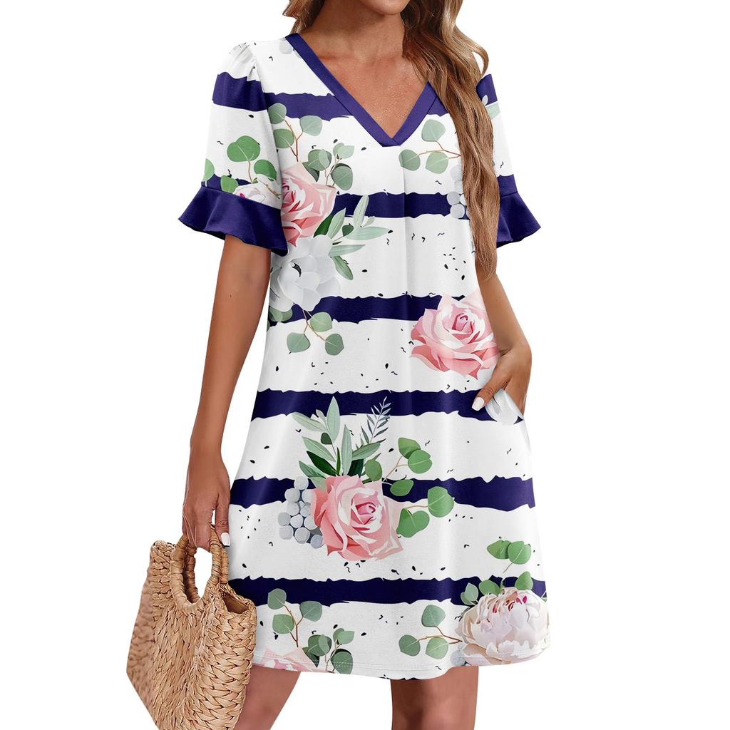 Летние платья для женщин с V-образным вырезом, оборками и коротким рукавом, повседневное свободное платье с принтом, пляжное платье с карманами