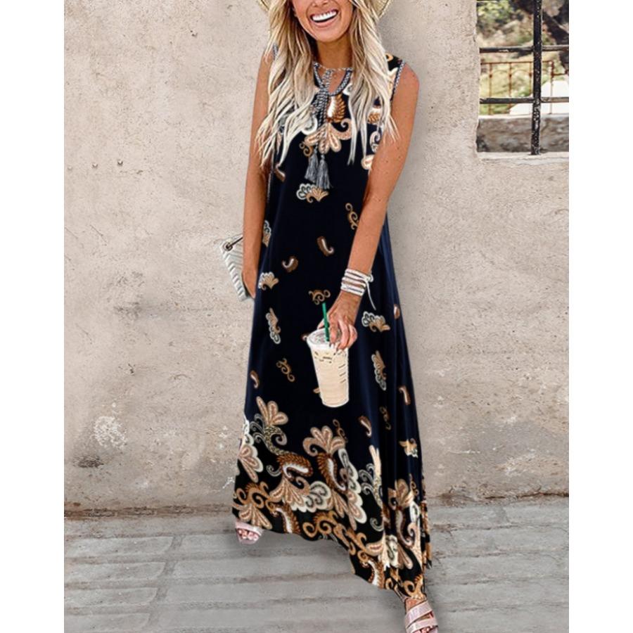 Summer Women Digital Position Print Sleeveless Long Lace Up Dress