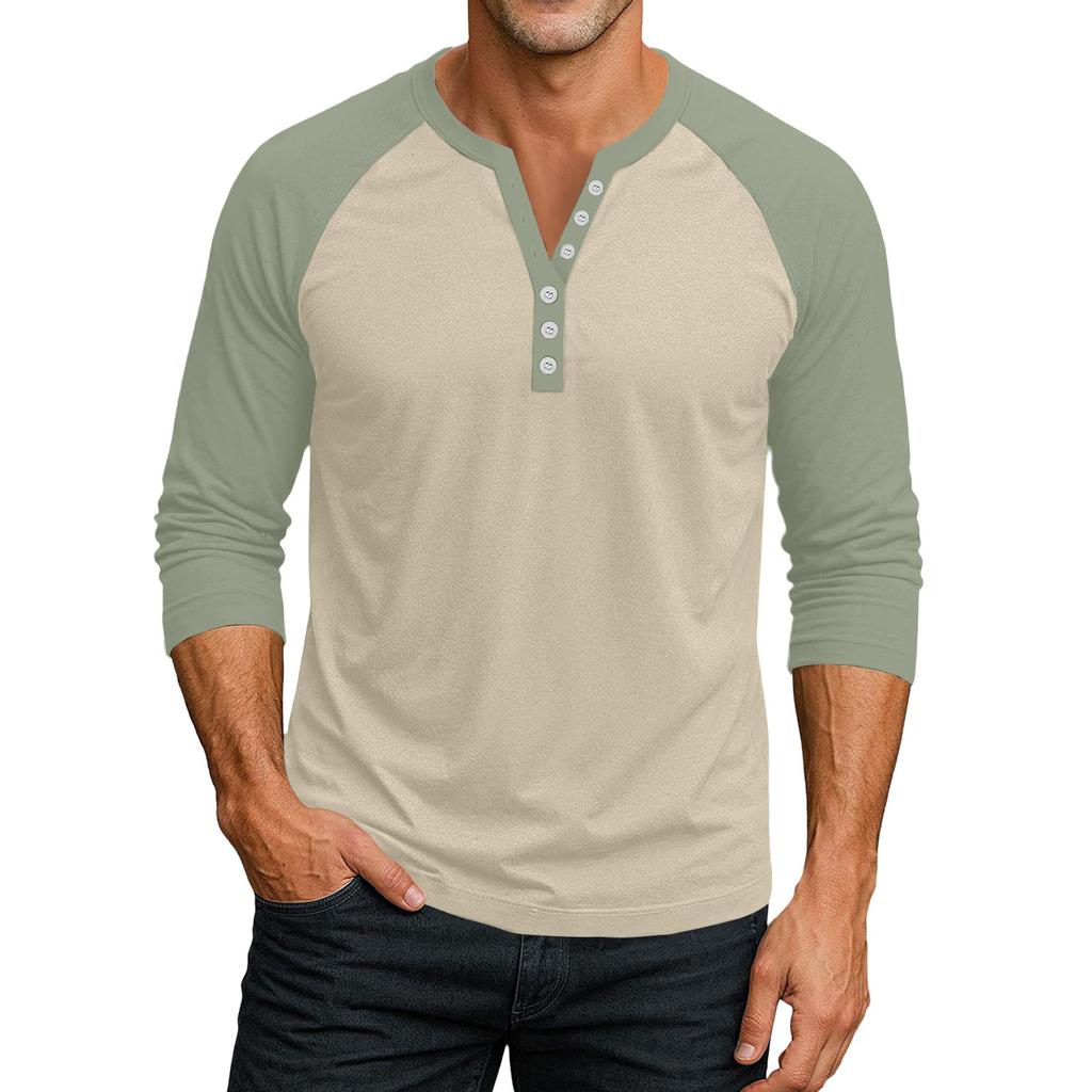Men's Button-Down Contrast Raglan 3/4 Sleeve Top