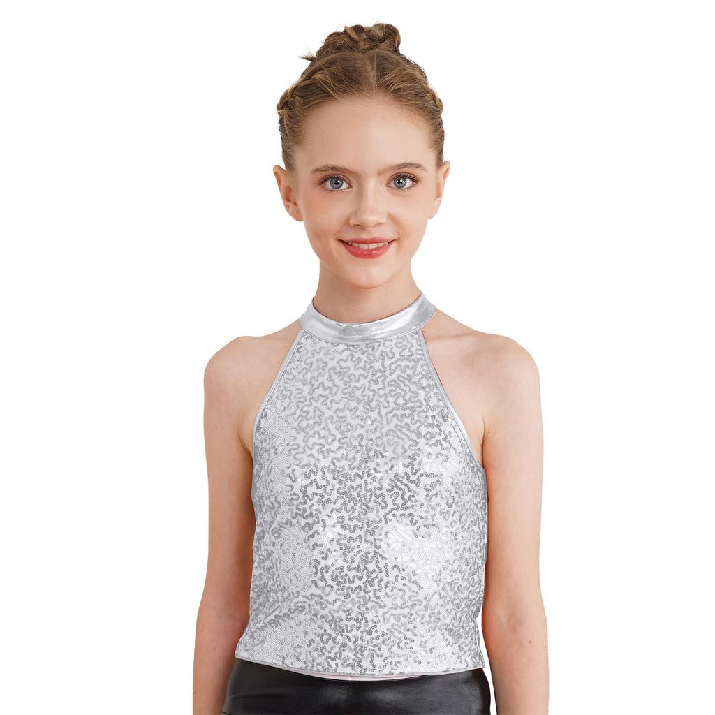 Girls Shiny Sequin Halter Crop Top Sleeveless Backless Design Cheerleading Jazz Dance Performance Top