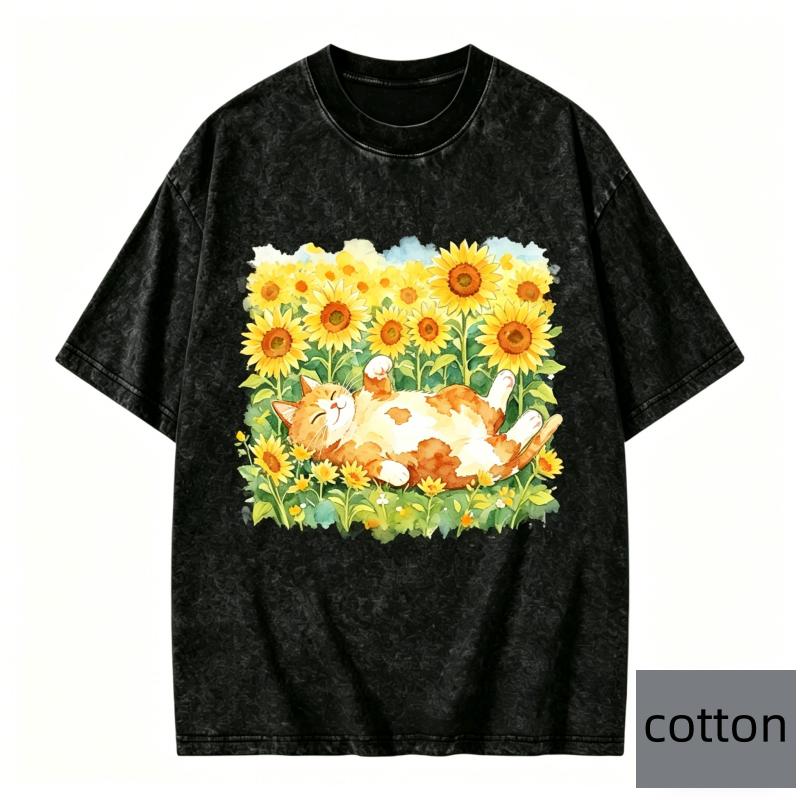 Watercolor Art Short Sleeves Tshirt Men Women Cute Cat in Sunflowers Graphic Tee Vintage Top Summer Aesthetic Casual Wear
