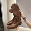 Retro Rivet Long Boots Women Low Heel Cowboy Chelsea Western Pu Leather Knee High Gothic New Ladies Shoes Vintage Brown Botas