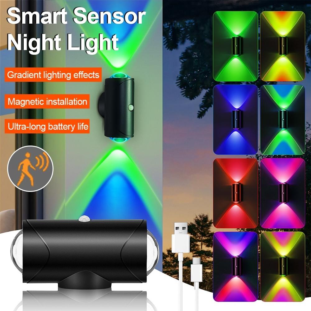 Светодиодный ночник с датчиком движения, меняющий цвет RGB, перезаряжаемый через USB, беспроводной настенный светильник для спальни, лестницы, прихожей, сада, магнитный светильник для ступеней