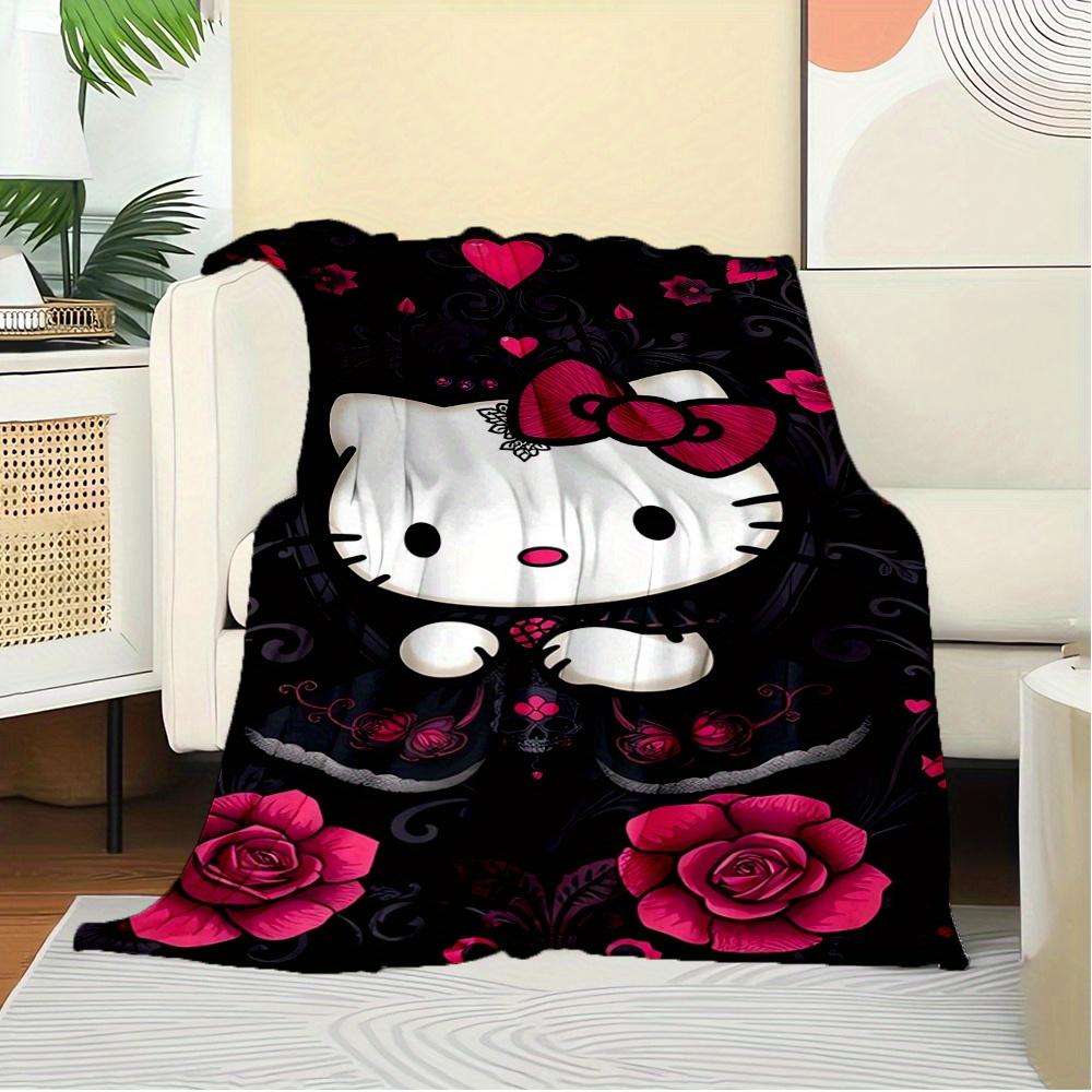 For Hello Kitty, Gothic, RosesAnime-Themed Flannel Blanket, Glam Style, Digital Print, All-Season Comfort, Tear-Resistant, Knitted Craftsman