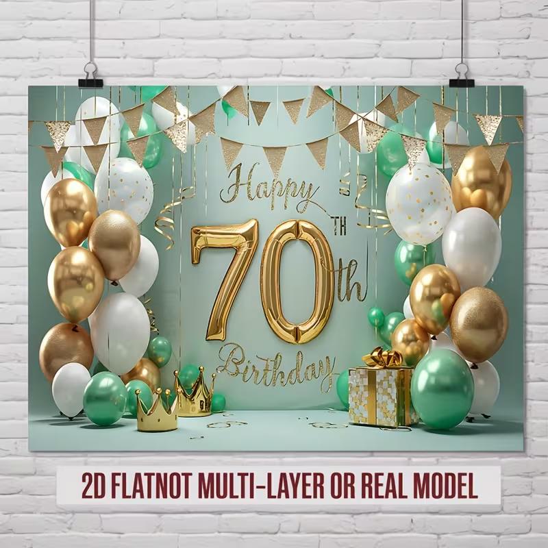 2D Neutral 70th Birthday Backdrop, Mint Green & Gold Balloon Decor Banner