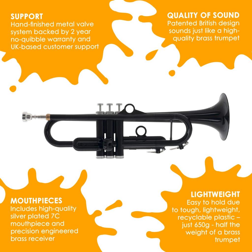 pInstruments Plastic Wind Instrument Trumpet pTrumpet hyTech Bb Key Lightweight Highly Durable ABS Antibacterial PTRUMPET1HTB Black Bag & Bio-Coated