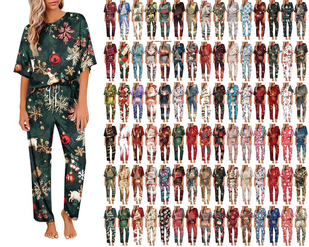 Женский шелковый атласный пижамный комплект с рождественским принтом, рубашка с коротким рукавом и длинные пижамные штаны, мягкая домашняя одежда