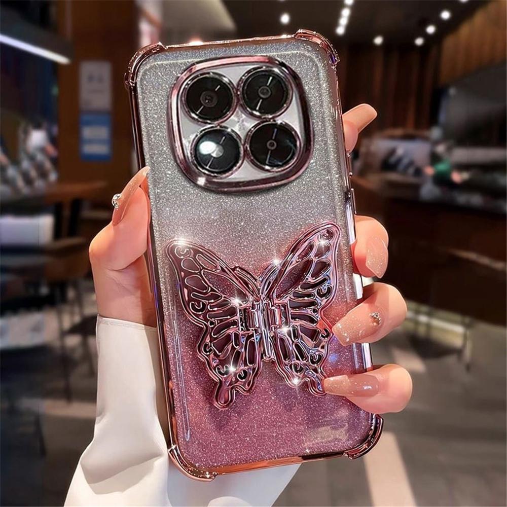 Butterfly Bracket Phone Case For Xiaomi 14T Pro 13T 12T 11 Lite 5G NE 15 Ultra 12X Glitter Shockproof Soft Silicone Stand Cover