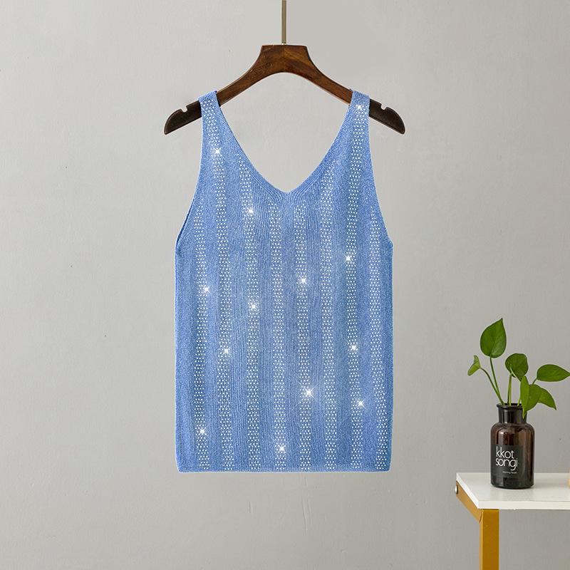 Женская летняя вязаная майка из ледяного шелка с яркой нитью и V-образным вырезом, облегающая майка