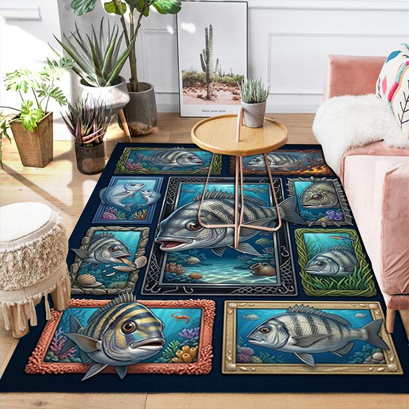 Ocean Fish Collage Pattern Rug Floor Mat for Living Room or Bedroom Soft and Comfortable Carpet a Gift for Birthday and Holiday.