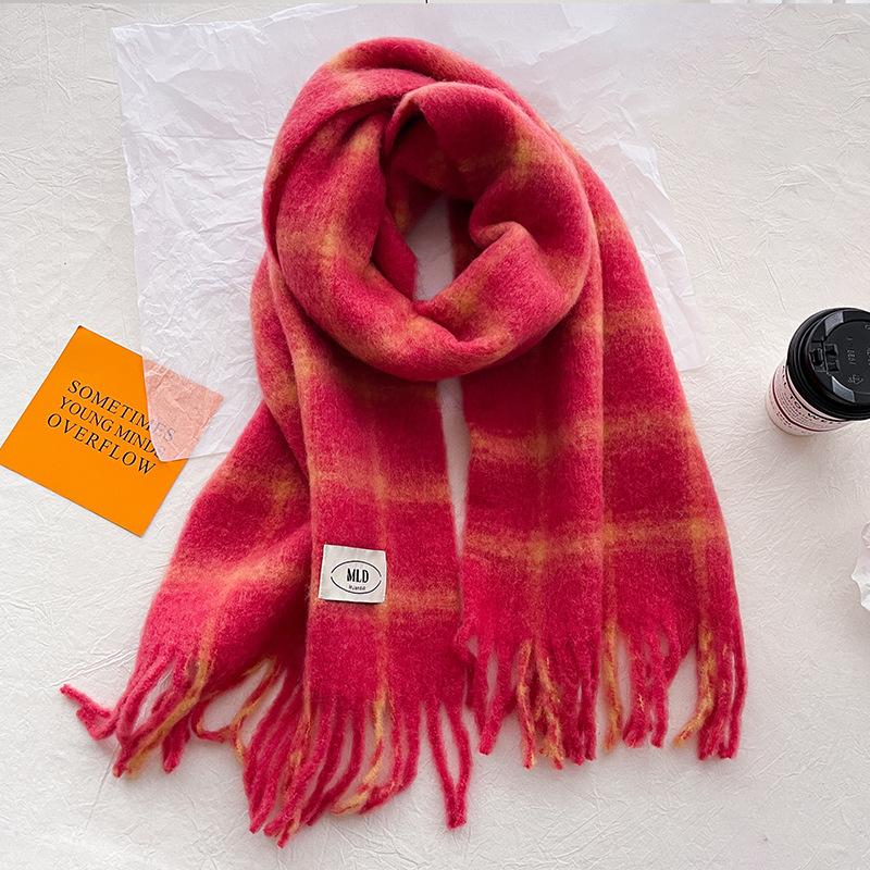 Rainbow Wool Plaid Scarf Women's Winter Imitation Cashmere Red Fringed Wool Shawl Thickened Scarf