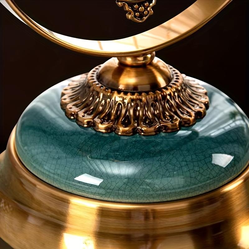 Vintage Luxury Iron Art Table Clock with Crackled Green Glass Dome Silent, Battery Powered Home Decor Accent, Golden Ornate Design for Living Room