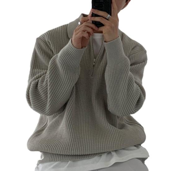 Осень-зима мужской свитер с отложным воротником и полумолнией, длинные рукава, однотонный свободный трикотажный топ, повседневная одежда, школьный рабочий трикотаж