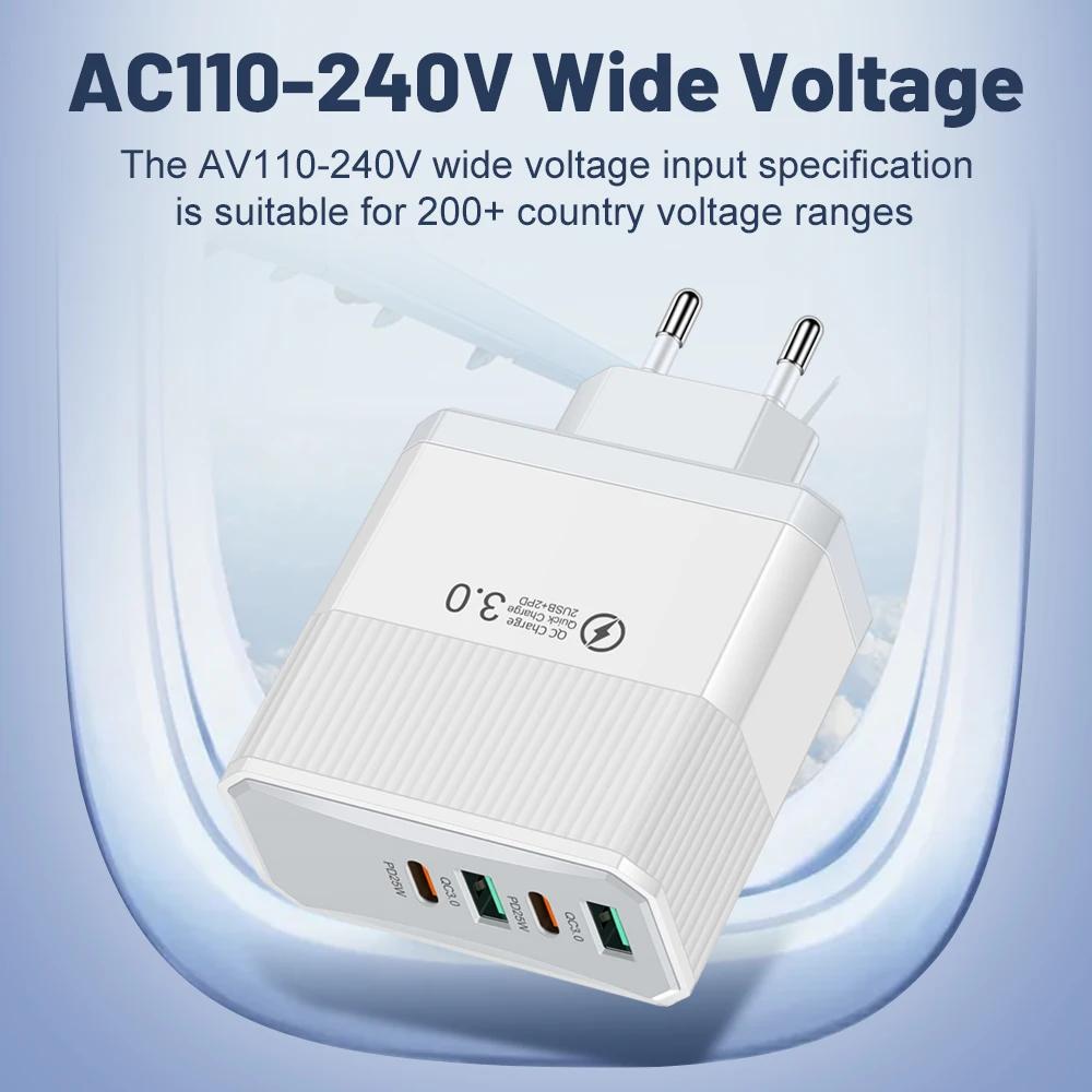 Зарядное устройство USB C Muti 4 порта PD Type C Быстрая зарядка Quick Charge QC3.0 PD Сетевой адаптер питания для IPhone 16 Xiaomi Samsung Oneplus