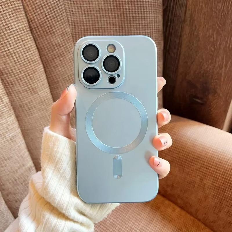 Magnetic Luxury Matte Magsafe Wireless Charging Case For iPhone 16e 15 14 13 11 12 Pro Max Plus Glass Lens Protection Soft Cover