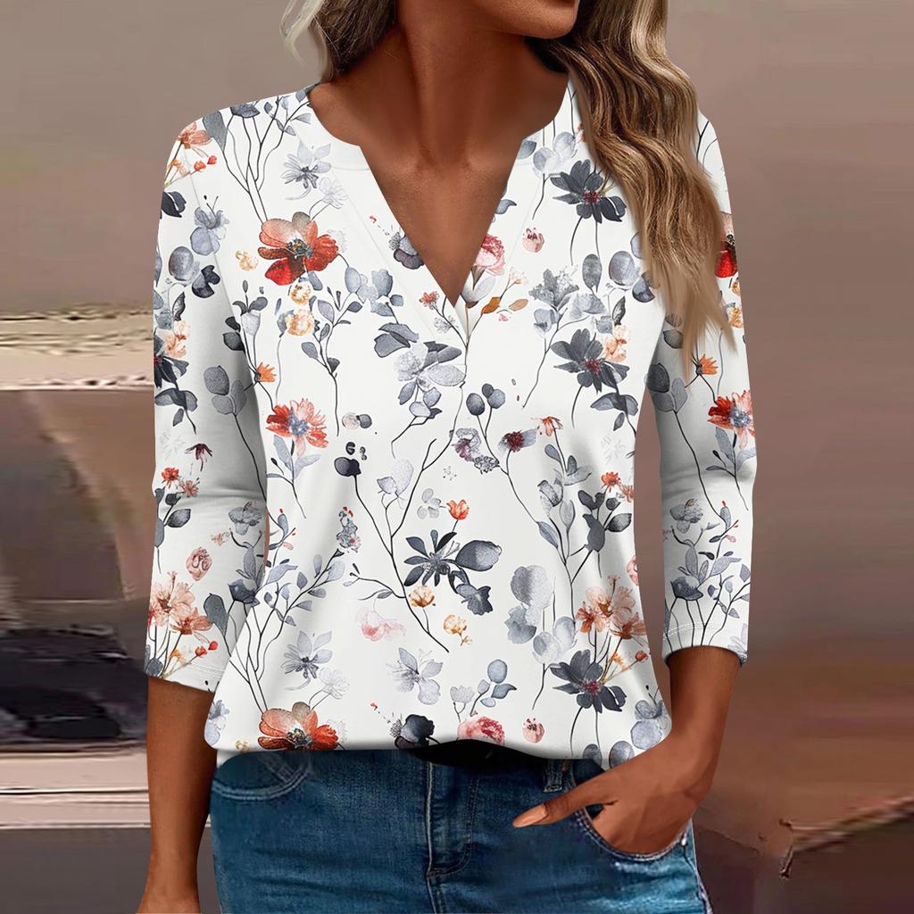 Women's T Shirt Tee Print Button  3/4 Sleeve Daily Weekend Fashion Basic V- Neck Regular Top