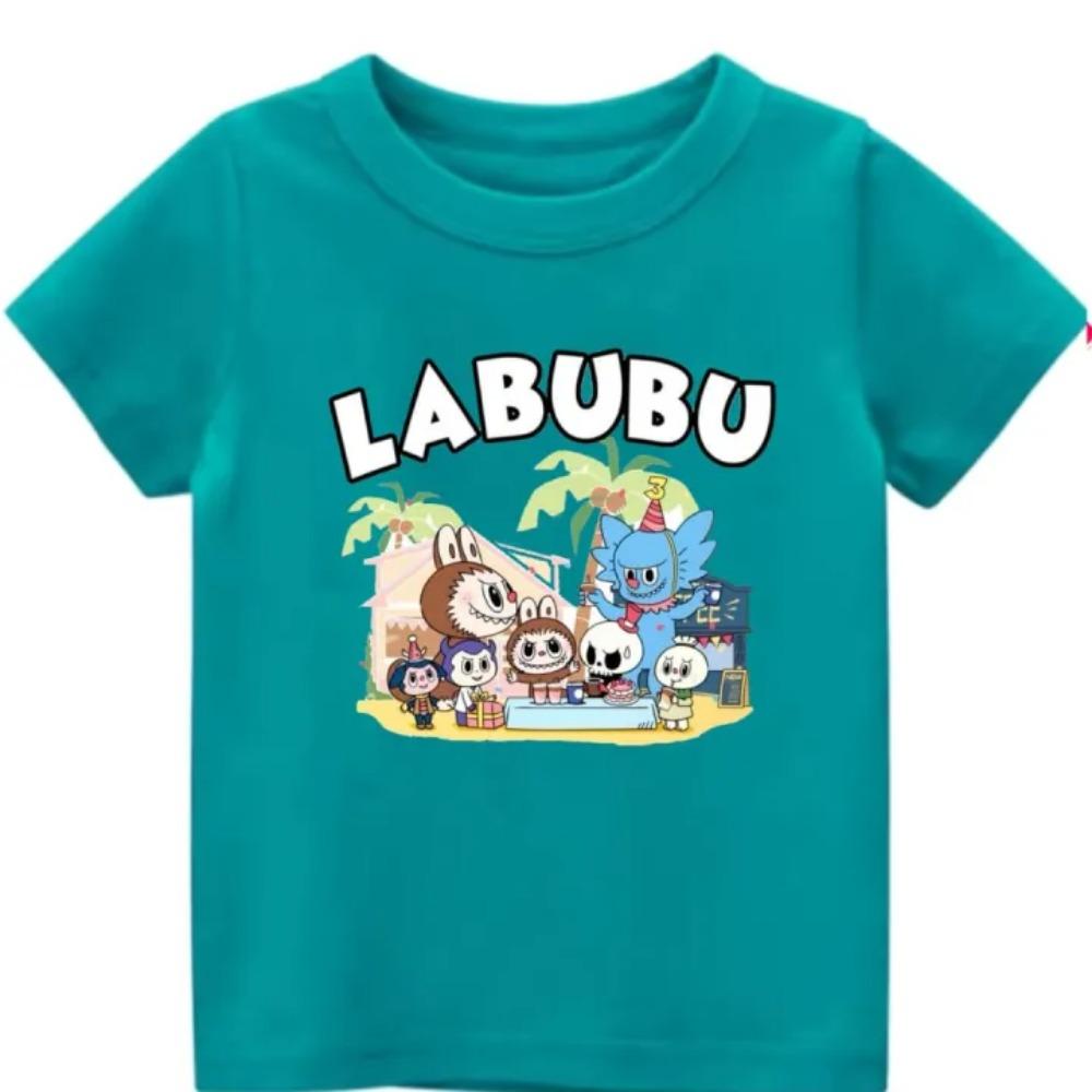 2025 Популярная детская одежда Футболка с принтом нескольких LABUBU в мультяшном стиле, с круглым вырезом, с короткими рукавами, милый и универсальный топ для девочки