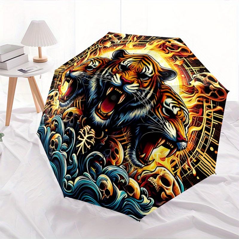 1pc Flaming Tiger Amidst Waves Automatic, Cute Cartoon Pattern, Portable Outdoor Umbrella, Perfect, Holiday Gift for fans.C097