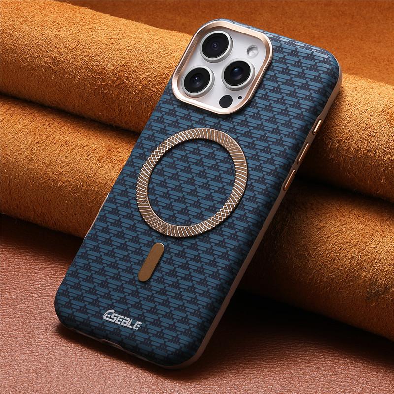 Triangle Pattern Leather Strong Magnetic Case For iPhone 17 13 14 15 16 Pro Max Wireless Charging High-end Metal Buttons Cover