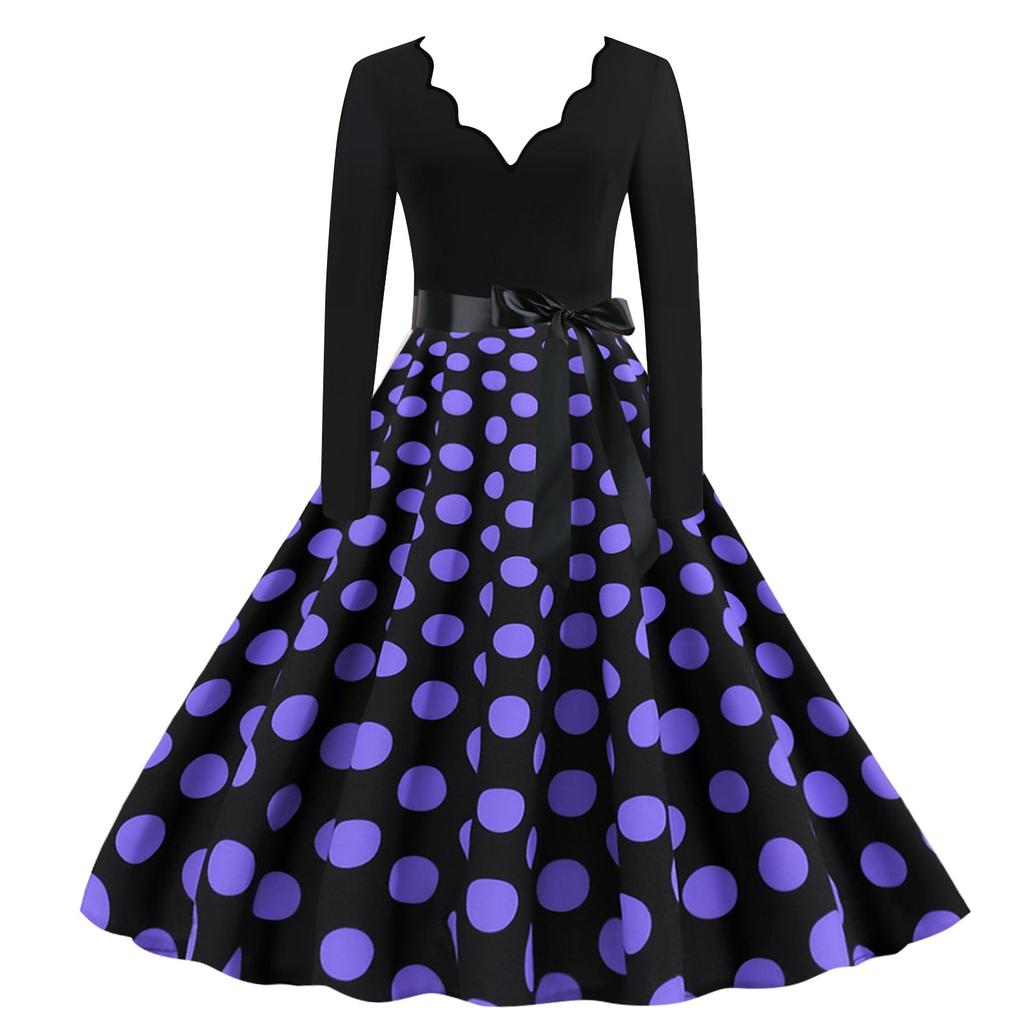 Женское платье в горошек с длинным рукавом и вырезом для вечеринки, повседневное платье с v-образным вырезом