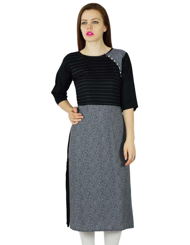 Bimba Women Chic Style Classic Black Kurta Kurti 3 4 Sleeve Indian Clothing