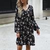 Temperament and Elegance Outer Wear Fashion Women's Short Dresses Printed Long Sleeve V-Neck Black Dresses for Women
