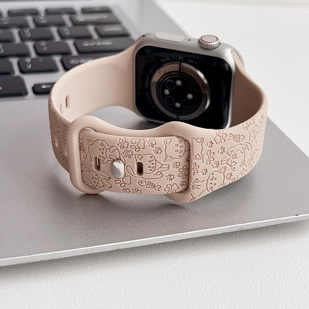 Подходит для яблока, милого кота, собаки, дыни, резьбы, силиконовый ремешок для часов Apple Watch8/SE/7/65