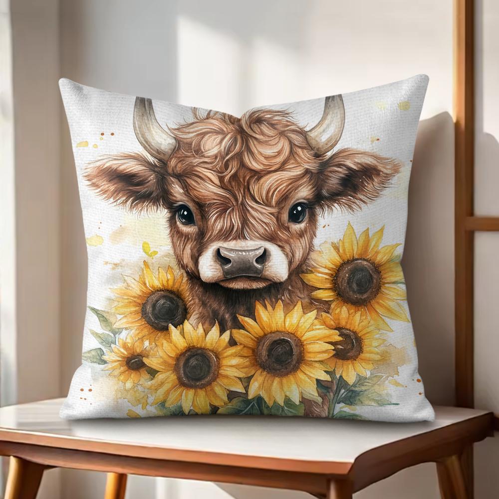 Cute Highland cattle Cushion Cover Natural Linen Organic Fabric DoubleSided Printing Couch Pillow Covers Home Decor Gift