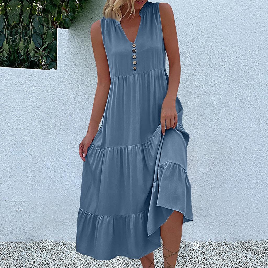 Women's Fashion Sleeveless Pleated Loose V-Neck Mid-Length Solid Colour Dresses