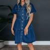 Женское модное повседневное джинсовое платье с коротким рукавом и воротником, однотонное