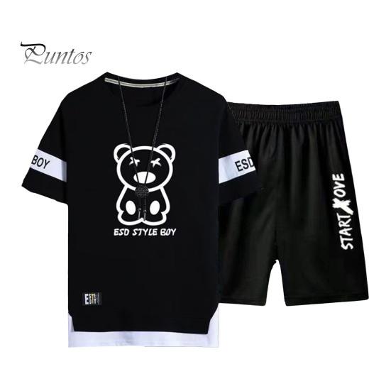 2 шт./компл., мужская спортивная одежда с круглым вырезом и коротким рукавом, футболка с рисунком медведя, эластичная талия, широкие шорты, комплект, свободная спортивная одежда