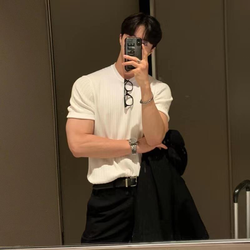 Мужская облегающая трикотажная футболка в корейском стиле с коротким рукавом и круглым вырезом