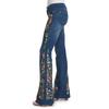 Women Embroidery Destoryed Flare Jeans Button Waist Bell Bottom Denim Pants