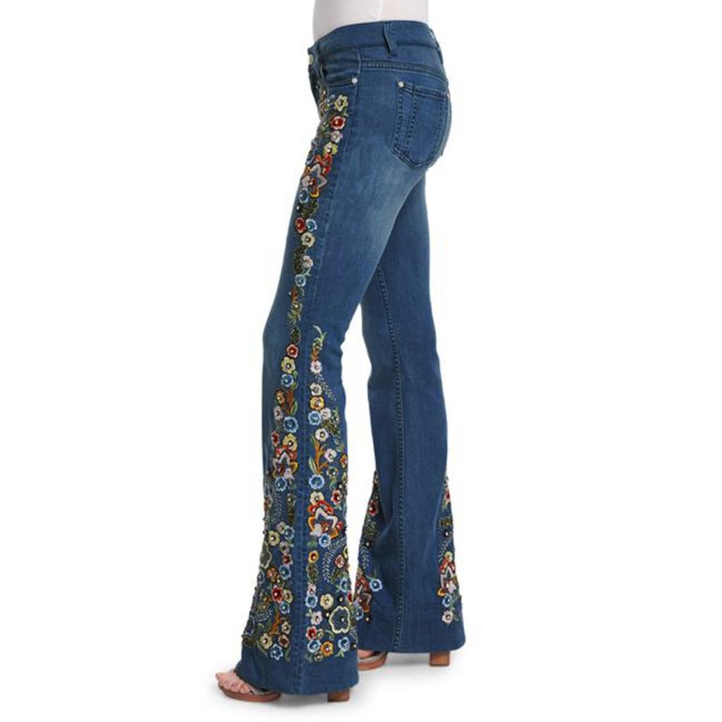 Women Embroidery Destoryed Flare Jeans Button Waist Bell Bottom Denim Pants
