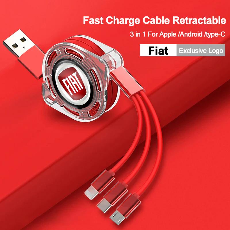 Кабель для быстрой зарядки 3 в 1 с логотипом автомобиля Fiat, USB-кабель Type C Micro USB для Stilo Ducato Panda 500 Pondo Abarth Punto Palio Viaggio