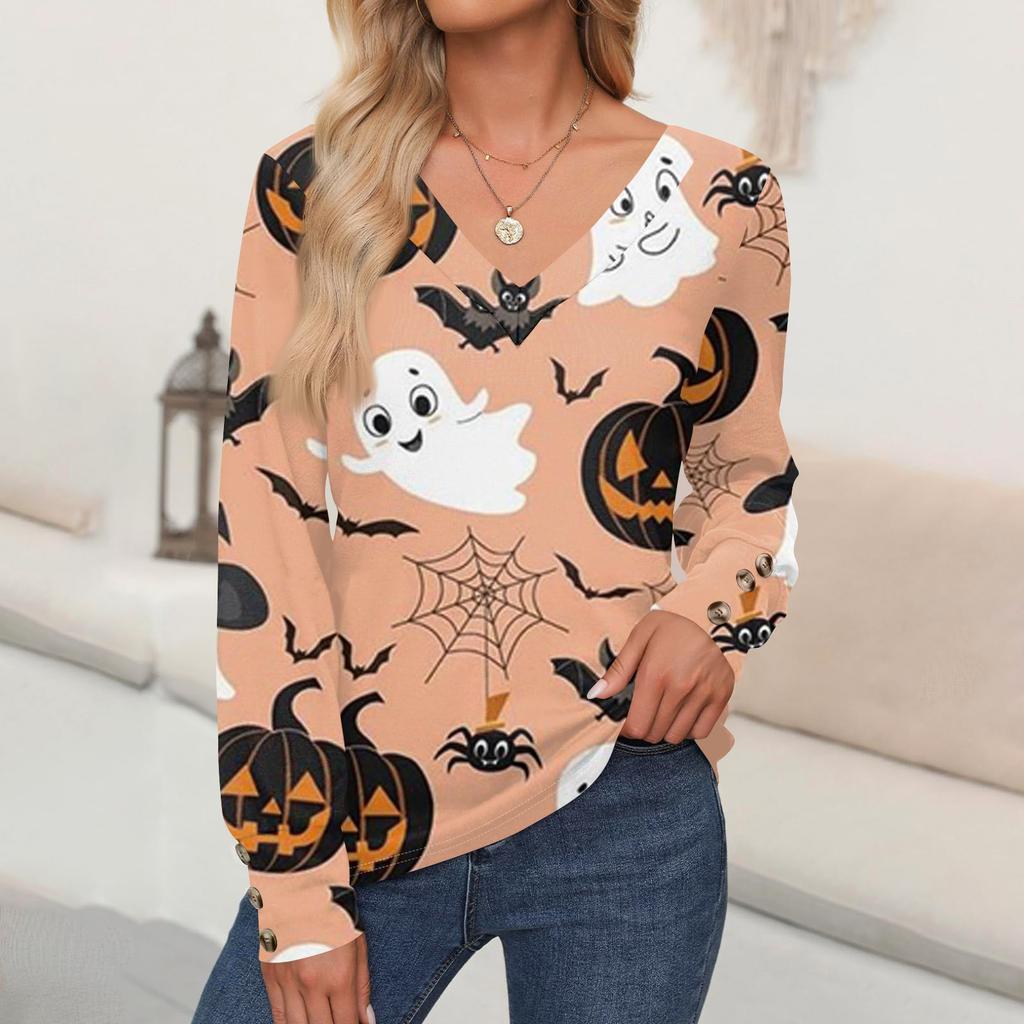 Женские топы с принтом на Хэллоуин, рубашка с длинным рукавом, V-образный вырез, повседневная свободная футболка, осенняя одежда