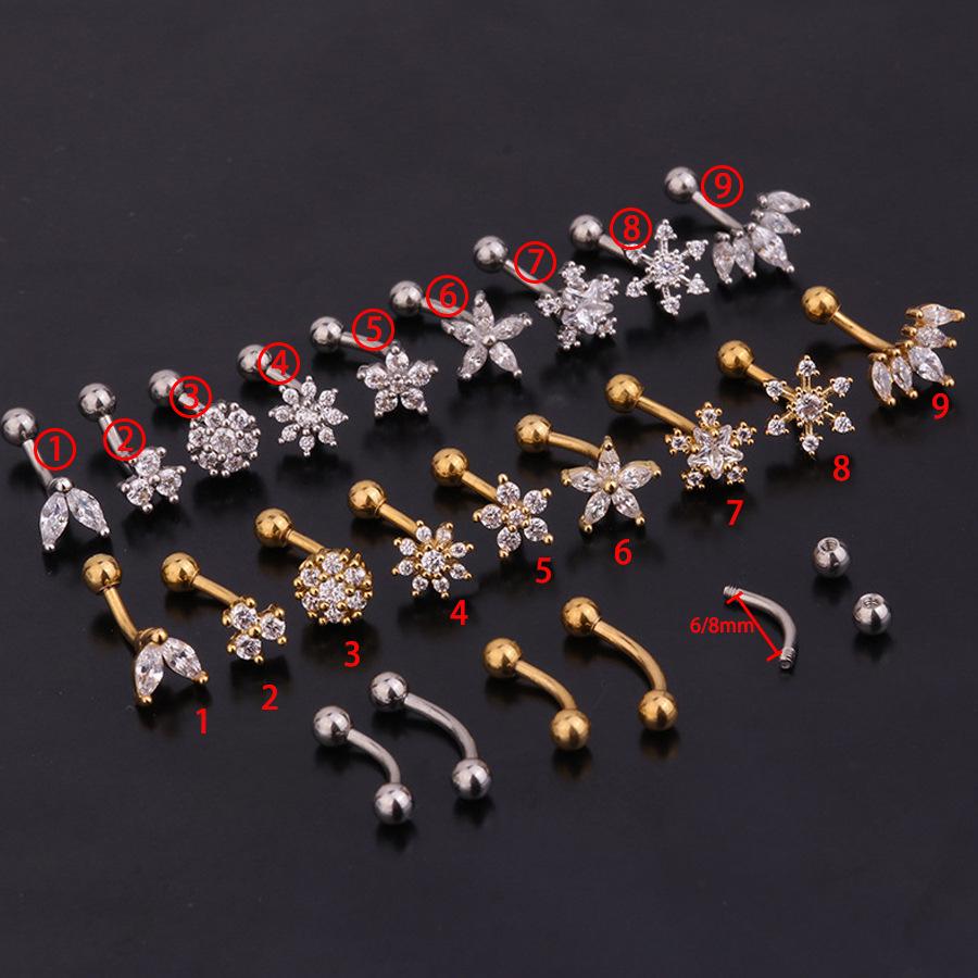 Серьги-пусеты из нержавеющей стали с цирконием для бровей: 1.2x6/8мм Изогнутый стержень Кохлеарный дизайн