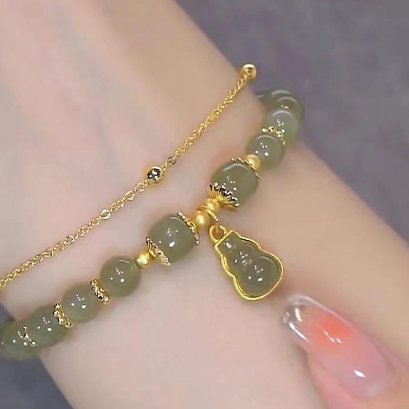 Chinese Style Imitation Jade Gourd Pendant Bracelet For Women Girls Double Layer Chain Lucky Beaded Bracelet Jewelry Party Gift