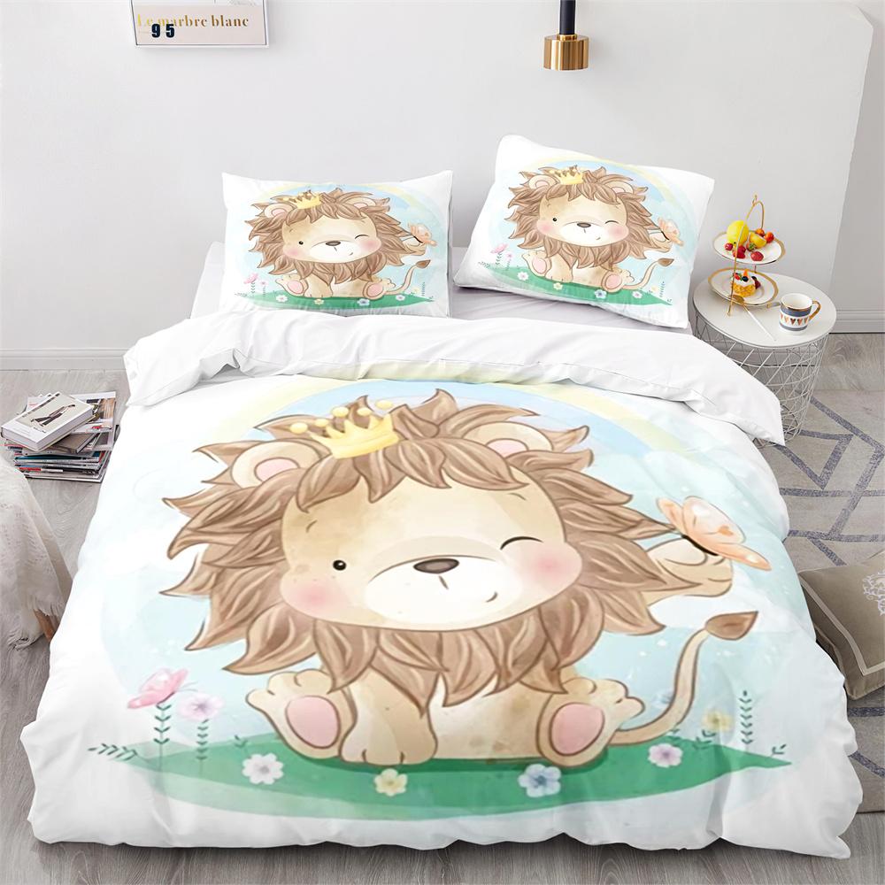 Комплект пододеяльника Львенок Мультяшный узор Дикое животное Лев Милый стиль Полный размер Постельное белье Полиэстер Пододеяльник с наволочкой